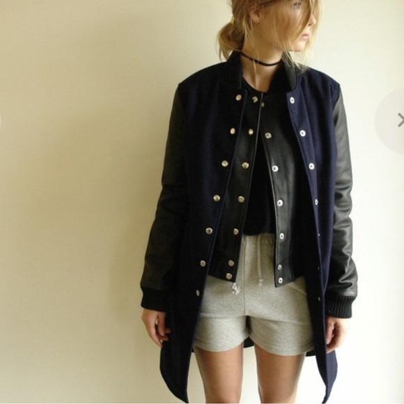 OAK Leather Sleeve Varsity Long Coat - Picture 3 of 14